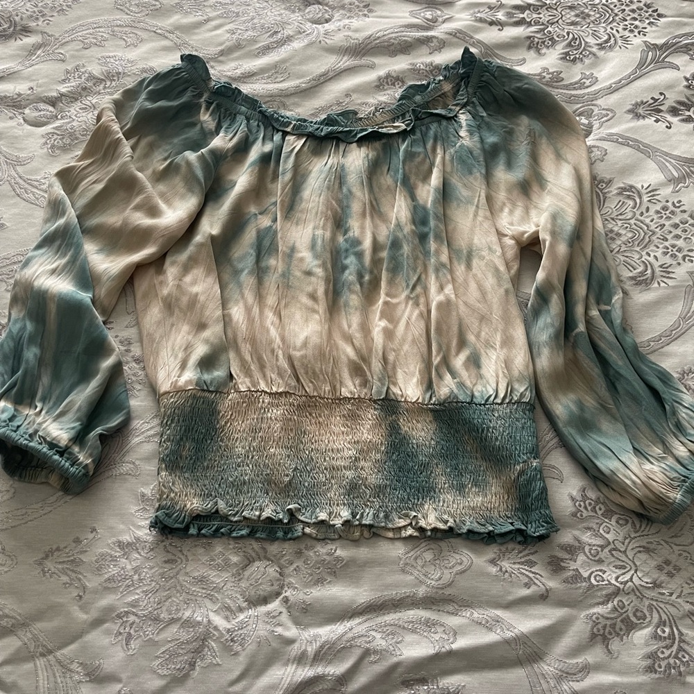 Mystree Elegant Teal and Cream Women's Top medium EUC